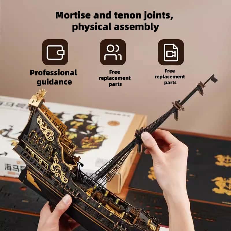 Peach Retro Pirate Ship Seahorse Sailboat Building Block Model DIY Desktop Ornament Children's Gift