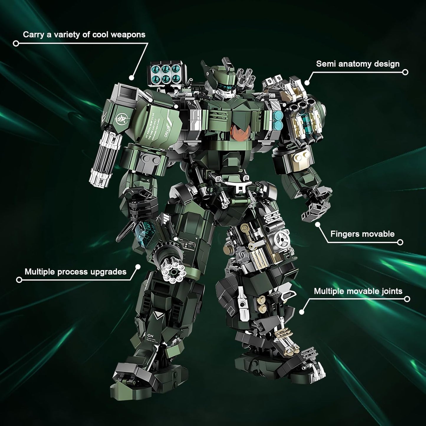 Mech Building Blocks Set for Adults,Motorized Robot Model Building Kit with Multiple Weapons, Industrial Style Collectible Gifts for Man Boys Ages 12+ (1403 PCS), Green