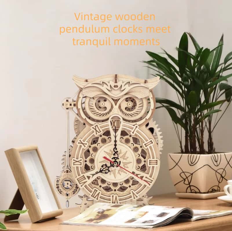 Peach Owl Clock - DIY Craft Building Block Mechanical Assembly Model 3D Puzzle Clock Ornament Toy