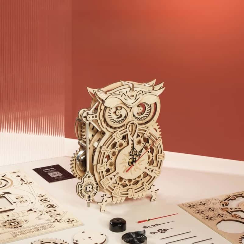 Peach Owl Clock - DIY Craft Building Block Mechanical Assembly Model 3D Puzzle Clock Ornament Toy