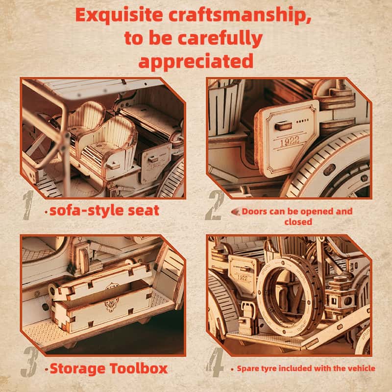 Peach vintage classic car wooden assembly model handmade 3D puzzle creative exquisite ornament