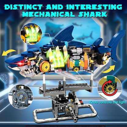 Shark building block toys, marine animal building block sets with lights and display stands, shark building blocks for kids and adults, animal building block sets with technology linkage functions for kids