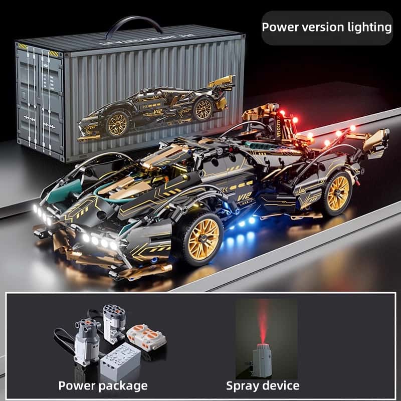 [Black and Gold Lambo] Remote Control Sports Car Model | V12 Engine Model | Electric Power Building Block Car | Children and Adult Gifts | Advanced Technology Building Block Toys