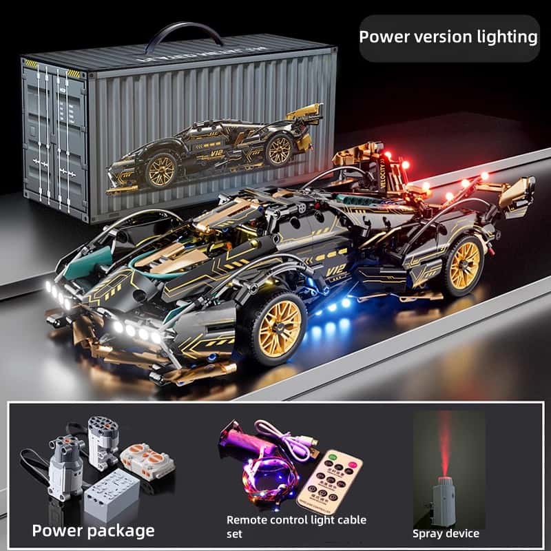 [Black and Gold Lambo] Remote Control Sports Car Model | V12 Engine Model | Electric Power Building Block Car | Children and Adult Gifts | Advanced Technology Building Block Toys